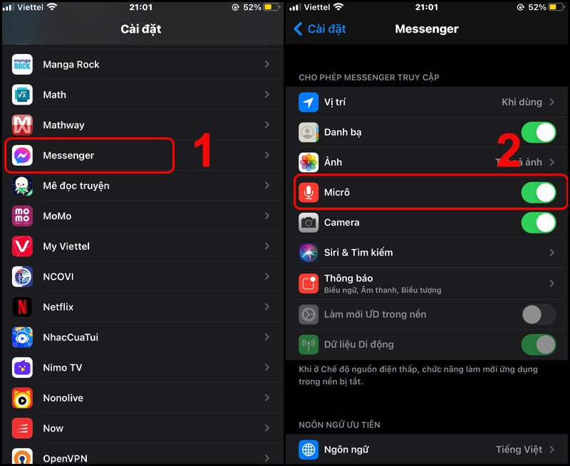 Tùy chọn bật/tắt quyền sử dụng micro cho ứng dụng trên hệ điều hành iOS