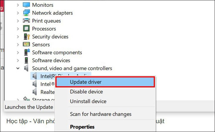 Tùy chọn cập nhật driver âm thanh để đảm bảo mic tai nghe Bluetooth hoạt động tốt