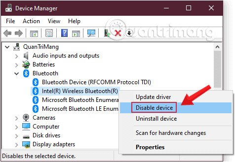 Vô hiệu hóa driver Bluetooth trong Device Manager để khắc phục lỗi mất Bluetooth trên Win 10