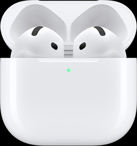 AirPod đang sạc trong hộp mở nắp, minh họa trạng thái pin và kết nối