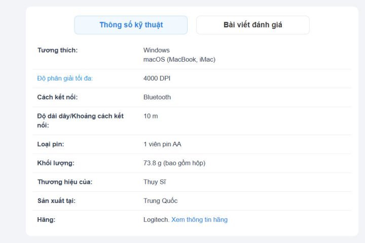 Bảng thông số kỹ thuật chuột bluetooth cho macbook
