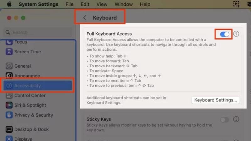 Bật Full Keyboard Access trong Accessibility để điều khiển và kết nối chuột bluetooth với macbook bằng phím