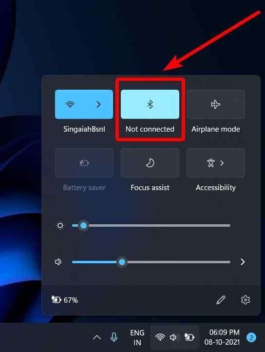 Biểu tượng Bluetooth trong Action Center được kích hoạt trên Windows 11