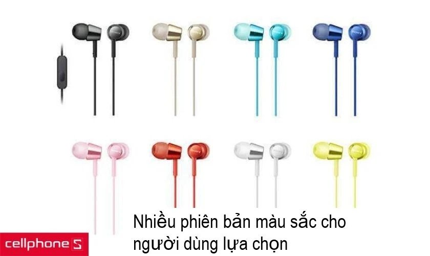 Bộ sưu tập các phiên bản màu sắc đa dạng của tai nghe có dây Sony MDR-EX155AP, bao gồm xanh, hồng, vàng, phù hợp mọi phong cách.