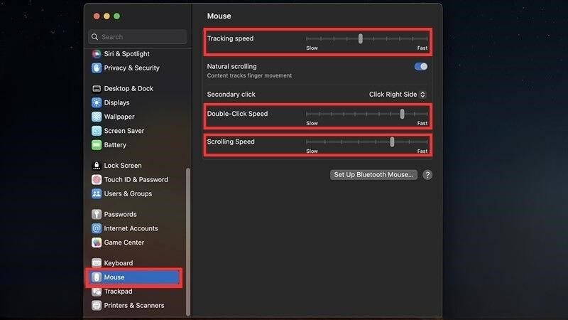 Cài đặt tùy chỉnh tốc độ chuột bluetooth với macbook trong System Settings