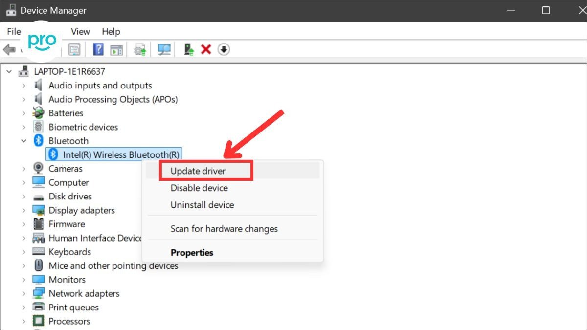 Cập nhật driver Bluetooth thông qua Device Manager trong Windows để đảm bảo hoạt động tối ưu