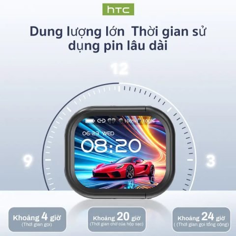 Cặp tai nghe HTC NE20 màu đen cùng hộp sạc cảm ứng, đặt trên bề mặt trắng, thể hiện thiết kế hiện đại và gọn nhẹ.