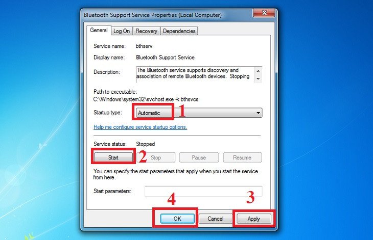 Cấu hình khởi động dịch vụ hỗ trợ Bluetooth tự động.