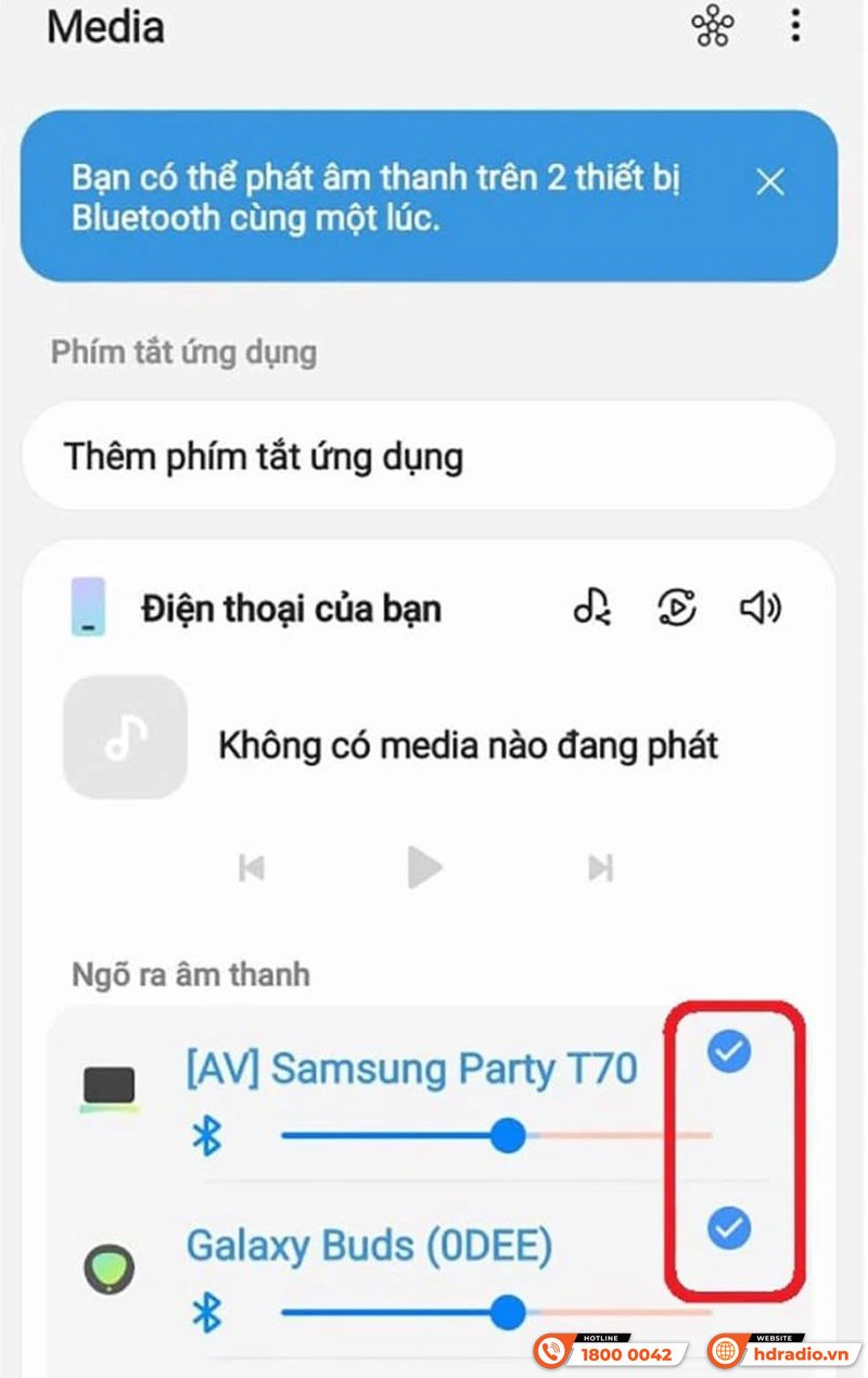 Chọn hai loa Bluetooth trong mục ngõ ra âm thanh của Android, kích hoạt tính năng Dual Audio.