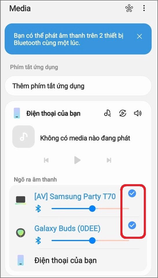 Chọn hai tai nghe không dây mong muốn từ danh sách ngõ ra âm thanh