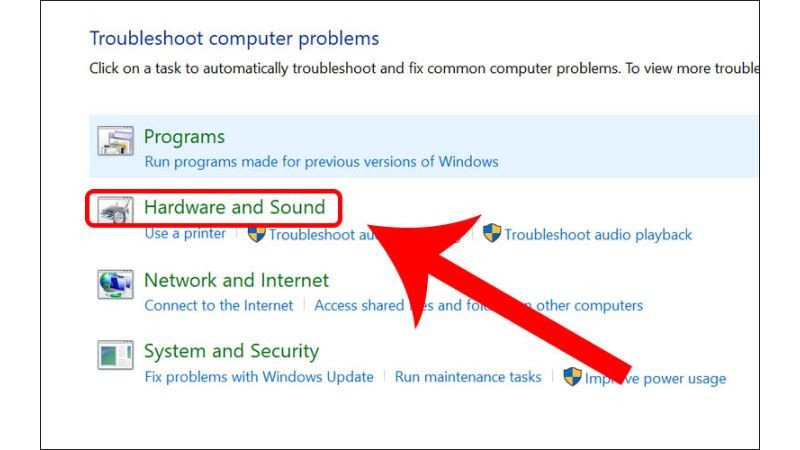 Chọn Hardware and Sound trong Troubleshooting để khắc phục sự cố Bluetooth Win 10
