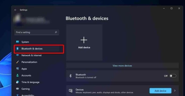 Chọn mục Bluetooth &amp; devices trong cài đặt Windows 11 để kích hoạt Bluetooth