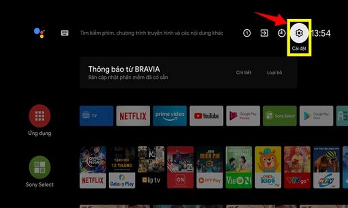Chọn mục Cài đặt trên TV Sony Bravia để truy cập tùy chọn Bluetooth