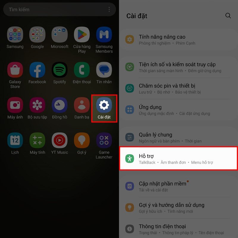 Chọn mục Hỗ trợ trong cài đặt điện thoại Android