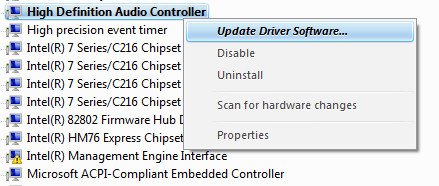Chọn "Update Driver Software" để cập nhật driver âm thanh