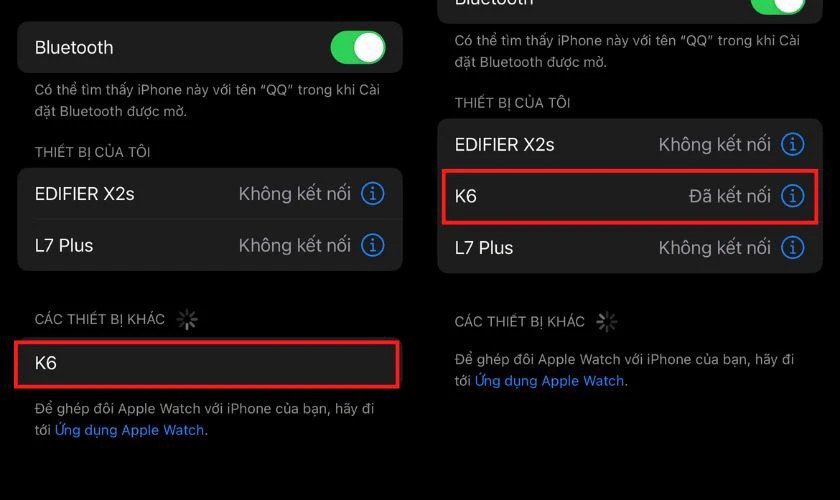 Danh sách các thiết bị Bluetooth khả dụng hiển thị tên loa mini để ghép nối.