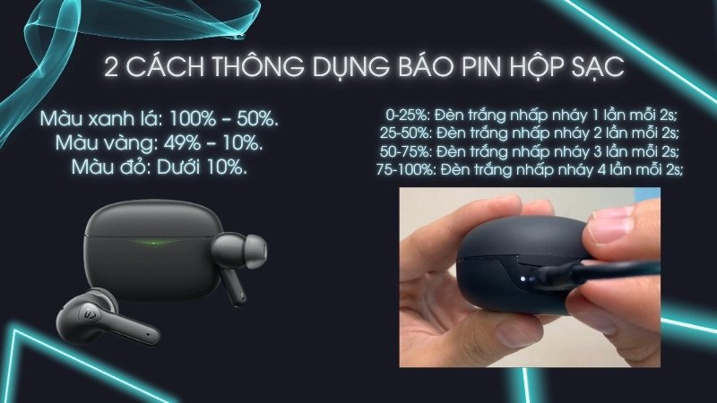 Đèn LED báo trạng thái pin trên hộp sạc của tai nghe không dây Soundpeats.