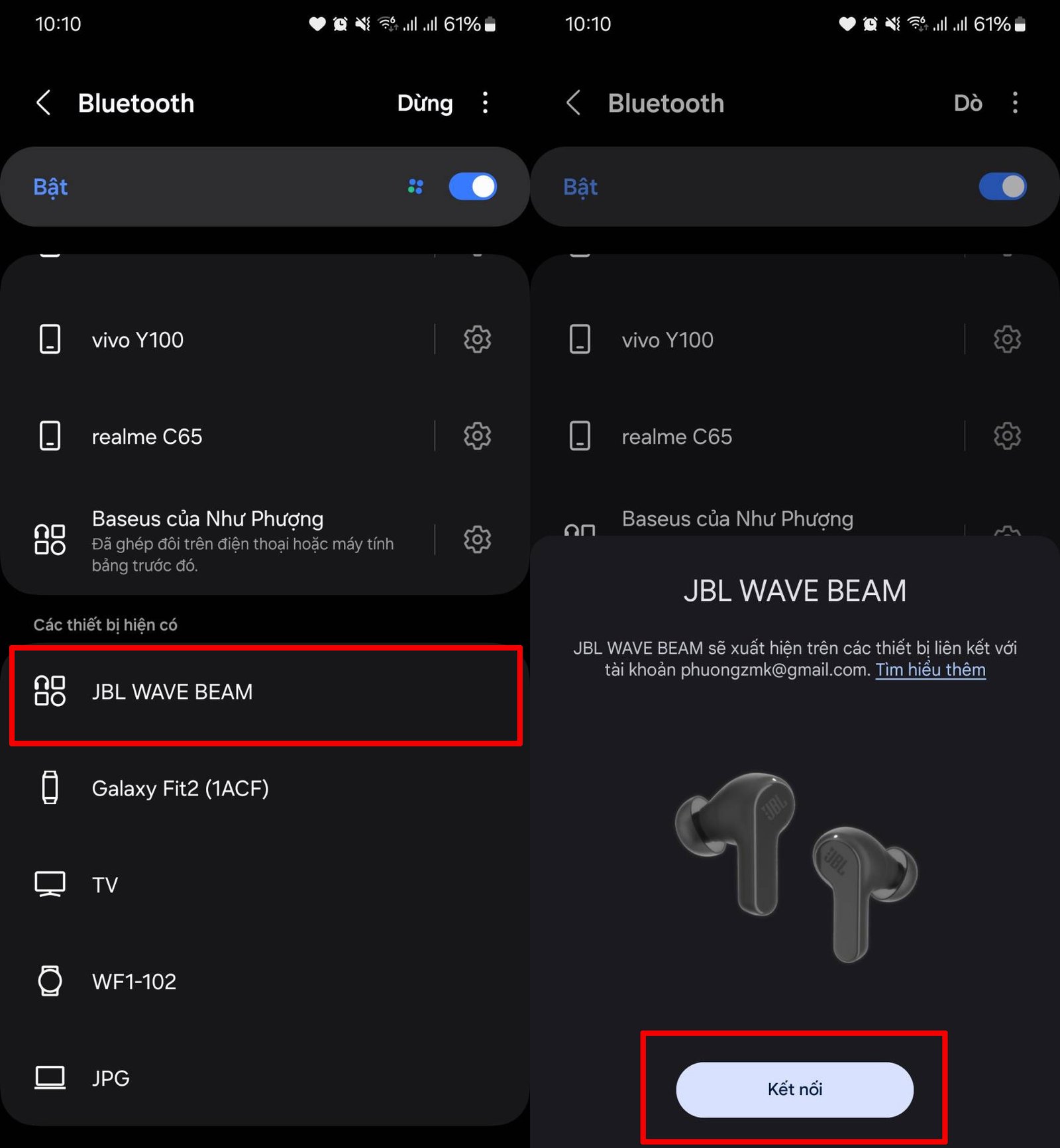 Điện thoại đang kết nối Bluetooth với tai nghe JBL