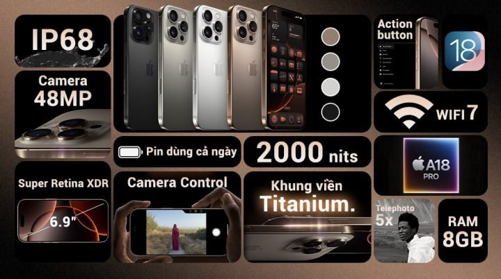 Điện thoại iPhone 16 Pro Max 256GB trang bị công nghệ bluetooth v5.3 kết nối xa đến 120m, truyền âm thanh ổn định khắp ngôi nhà