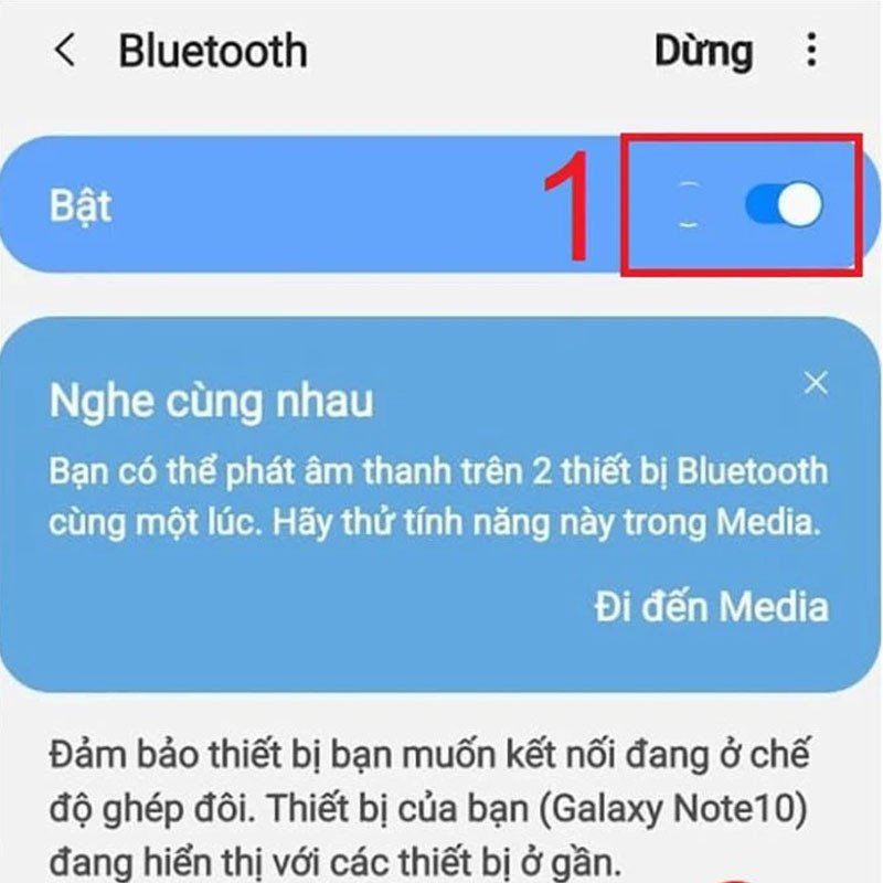Giao diện cài đặt Bluetooth trên Android, bật Bluetooth và chọn loa để kết nối.