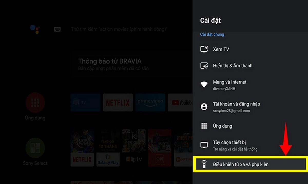Giao diện cài đặt Bluetooth trên TV Sony Bravia, kích hoạt tính năng kết nối không dây