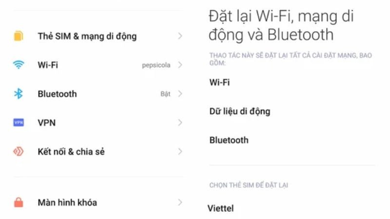 Giao diện cài đặt mạng trên điện thoại, nơi có thể đặt lại cài đặt để giải quyết sự cố bluetooth không nghe được