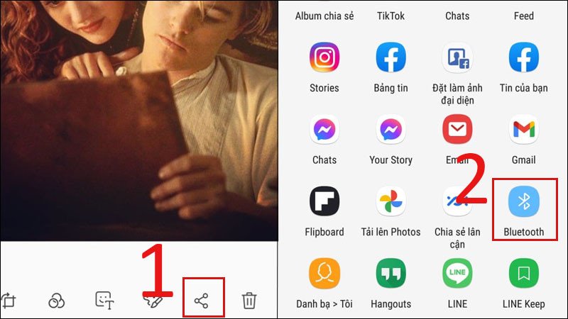 Giao diện chọn ảnh từ thư viện trên điện thoại Android và biểu tượng chia sẻ để gửi ảnh qua Bluetooth.