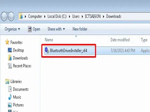 Giao diện lựa chọn tệp cài đặt driver Bluetooth cho Windows 7 64-bit