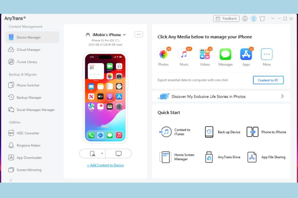 Giao diện phần mềm AnyTrans trên máy tính đang hiển thị ảnh để chuyển từ Android sang iPhone