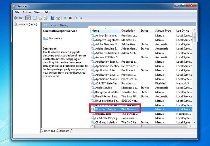 Giao diện Services quản lý dịch vụ Bluetooth Support.