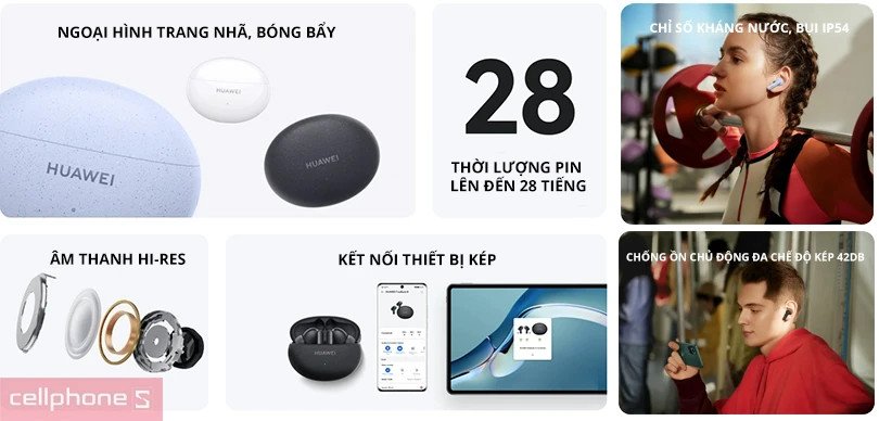 Hình ảnh cận cảnh tai nghe không dây Huawei Freebuds 5i màu trắng, nổi bật tính năng chống ồn.