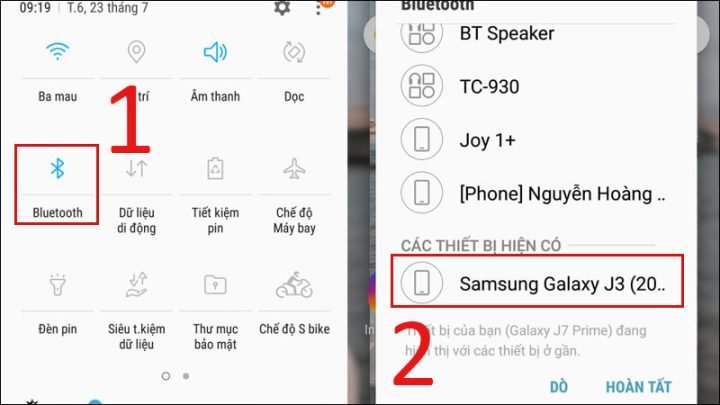 Hình ảnh mô tả việc bật Bluetooth và kết nối thiết bị Android để gửi ảnh qua Bluetooth.
