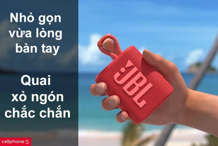 JBL Go 3 màu xanh lam nhỏ gọn, vừa vặn trong lòng bàn tay, thể hiện tính di động cao