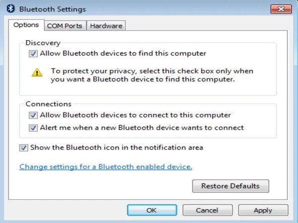 Kích hoạt khả năng phát hiện của máy tính trong cài đặt Bluetooth Win 7