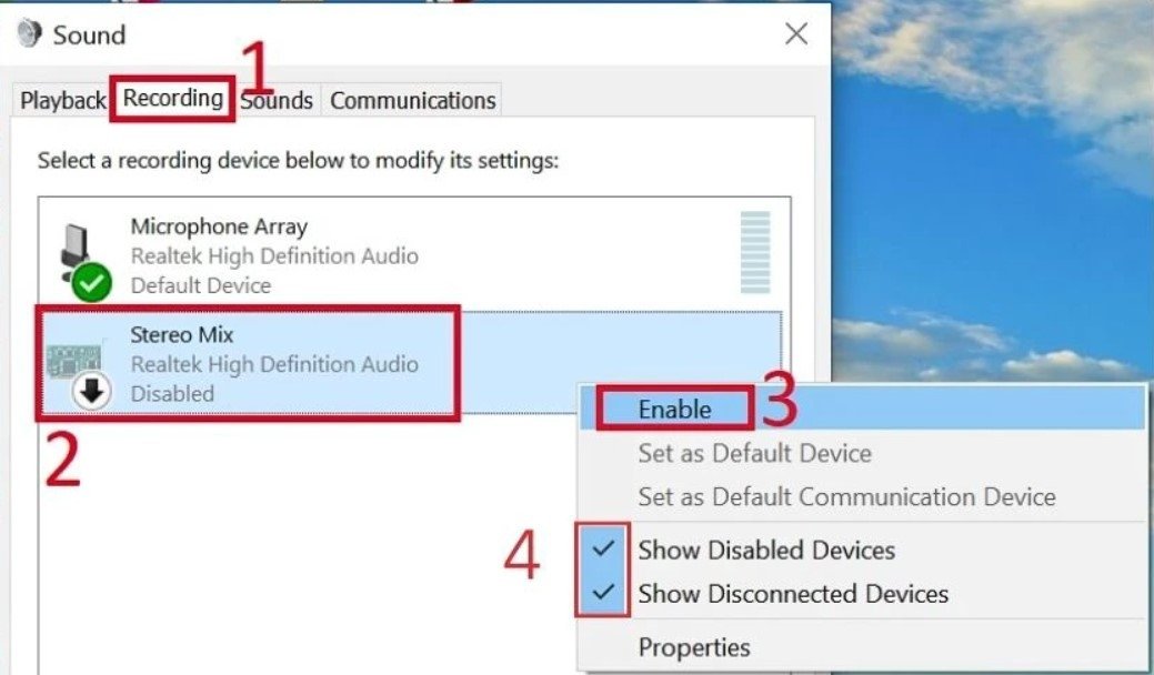 Kích hoạt Stereo Mix trong tab Recording để cho phép phát âm thanh đa loa trên Windows.