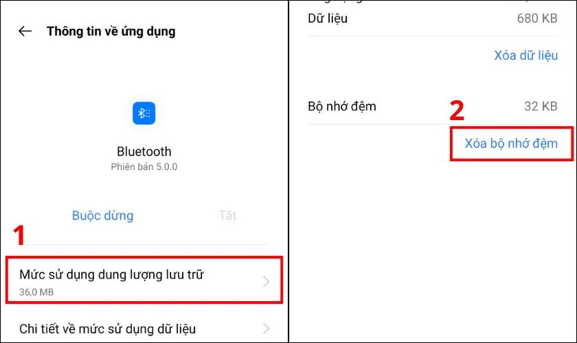 Màn hình cài đặt Android hiển thị tùy chọn xóa bộ nhớ đệm ứng dụng, giải pháp khi tai nghe Bluetooth không kết nối được.