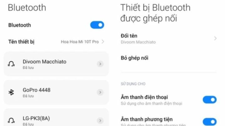 Màn hình cài đặt Bluetooth trên điện thoại hiển thị danh sách thiết bị đã ghép nối để khắc phục lỗi điện thoại kết nối bluetooth nhưng không có âm thanh