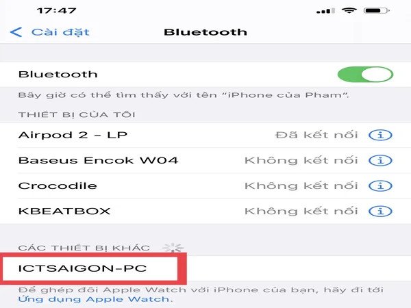 Màn hình cài đặt Bluetooth trên thiết bị di động iOS