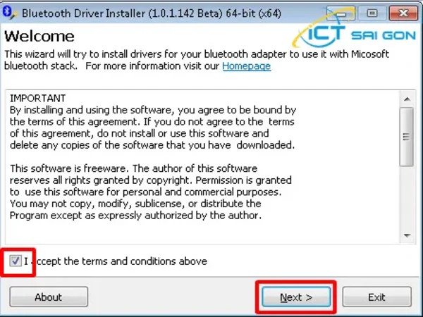 Màn hình chấp nhận điều khoản khi cài đặt driver Bluetooth Windows 7 64-bit