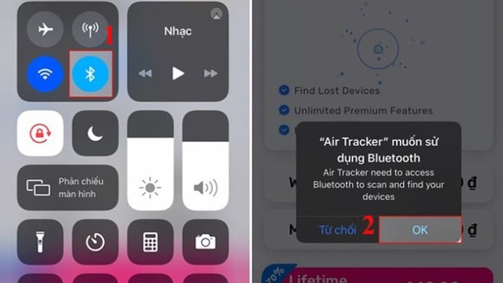 Màn hình điện thoại hiển thị đã bật Bluetooth và cấp quyền cho ứng dụng Air Tracker