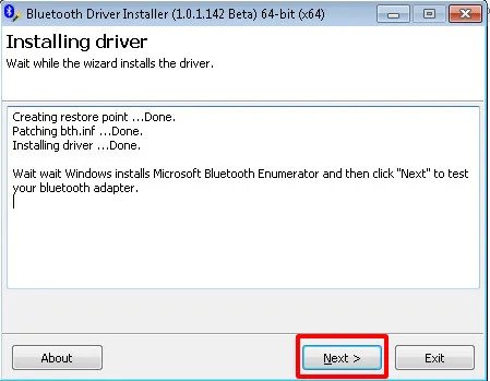 Màn hình thông báo cài đặt driver Bluetooth thành công trên Win 7 64-bit
