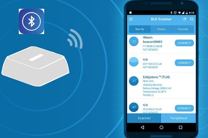 Màn hình ứng dụng BLE Scanner hiển thị danh sách thiết bị Bluetooth và cường độ tín hiệu, hỗ trợ tìm tai nghe Bluetooth.