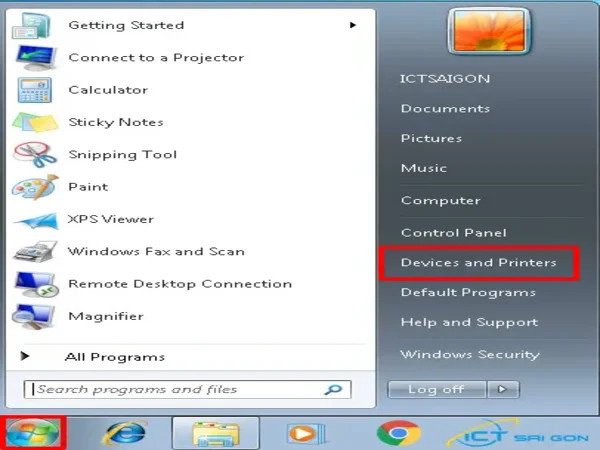 Menu Start Windows 7 hiển thị tùy chọn Devices and Printers