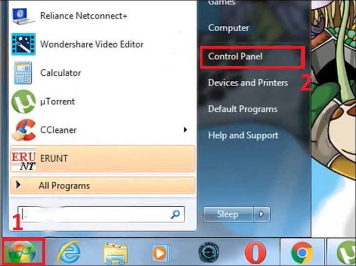 Mở Control Panel từ Start Menu để tìm cài đặt Bluetooth trên Windows 7