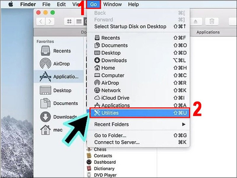 Mở tiện ích Utilities từ menu Go trong Finder để thiết lập âm thanh