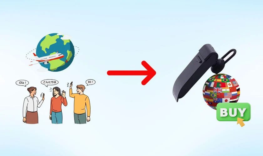 Một cặp tai nghe dịch thuật Lenovo và một chiếc tai nghe thông thường đặt cạnh nhau để so sánh