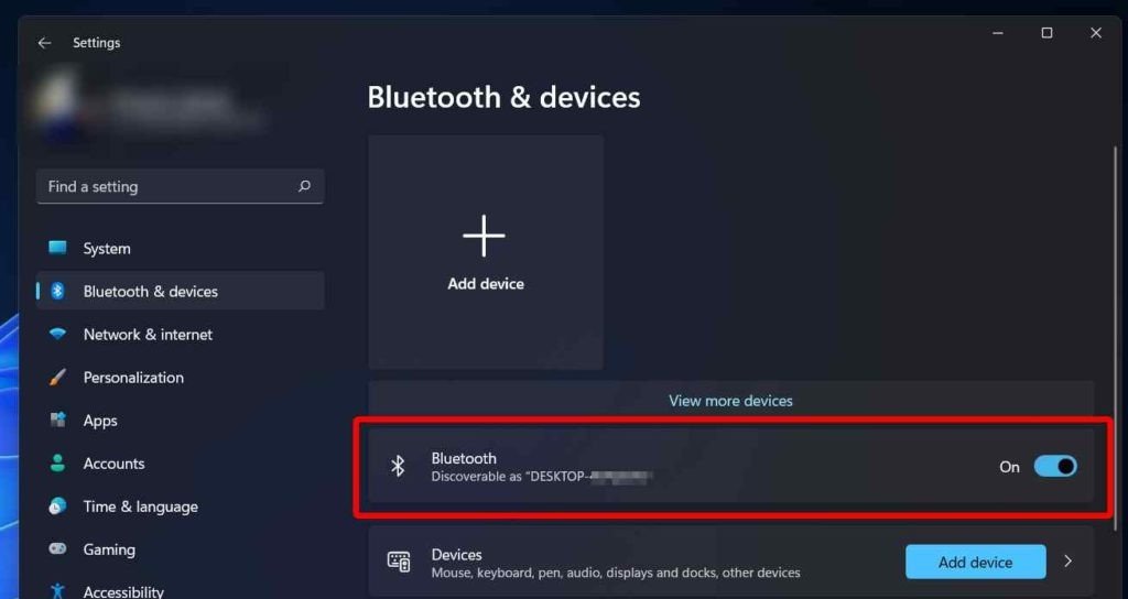 Nút bật/tắt Bluetooth đã được kích hoạt trong cài đặt Windows 11