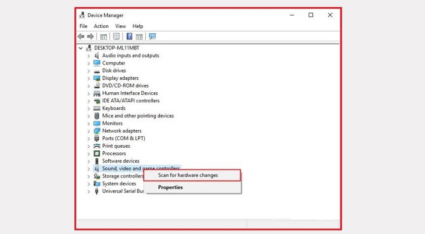 Scan for hardware changes để Windows 10 tự động nhận diện driver tai nghe