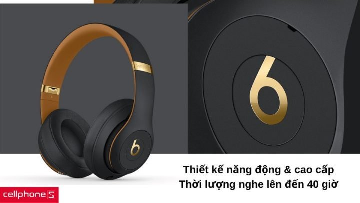 Tai nghe Beats Studio 3 màu đen trên bàn, thể hiện thiết kế sang trọng và logo đặc trưng.