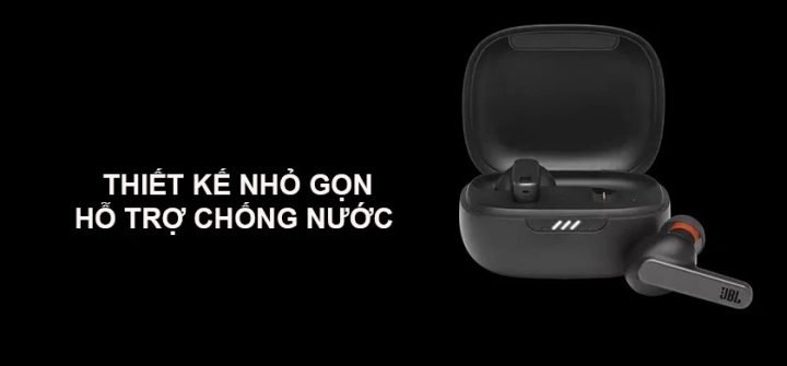 Tai nghe JBL Live Pro Plus màu đen đặt trên bề mặt, nhìn từ trên xuống, nhấn mạnh thiết kế nhỏ gọn và trọng lượng nhẹ.